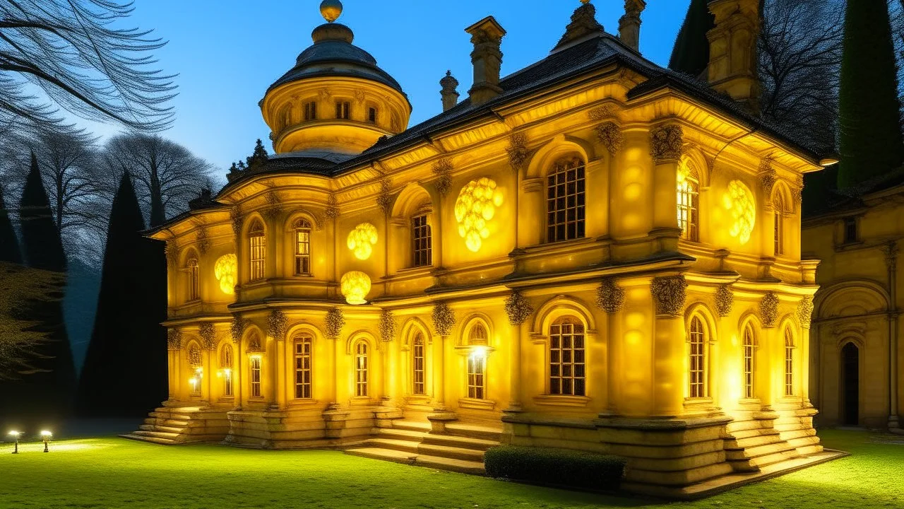 A pale yellow chateau with glowing orbs designed in Mayan architecture