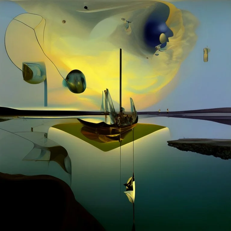 dusk landscape with lake,boat and human body, universe-like Soap Bubble,complex surgical instruments mixed with human body-like musical instruments,minimalism,Painting By Adrian Ghenie, Rene Magritte, Salvador Dali, Lucian Freud