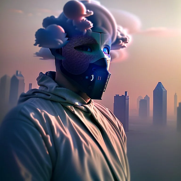 smoke plumes, clouds, smog, city scape with pollution, robot, double exposure photography, colourful nature, clean sharp focus, on white background, Fractal Geometry buildings, sacred geometry