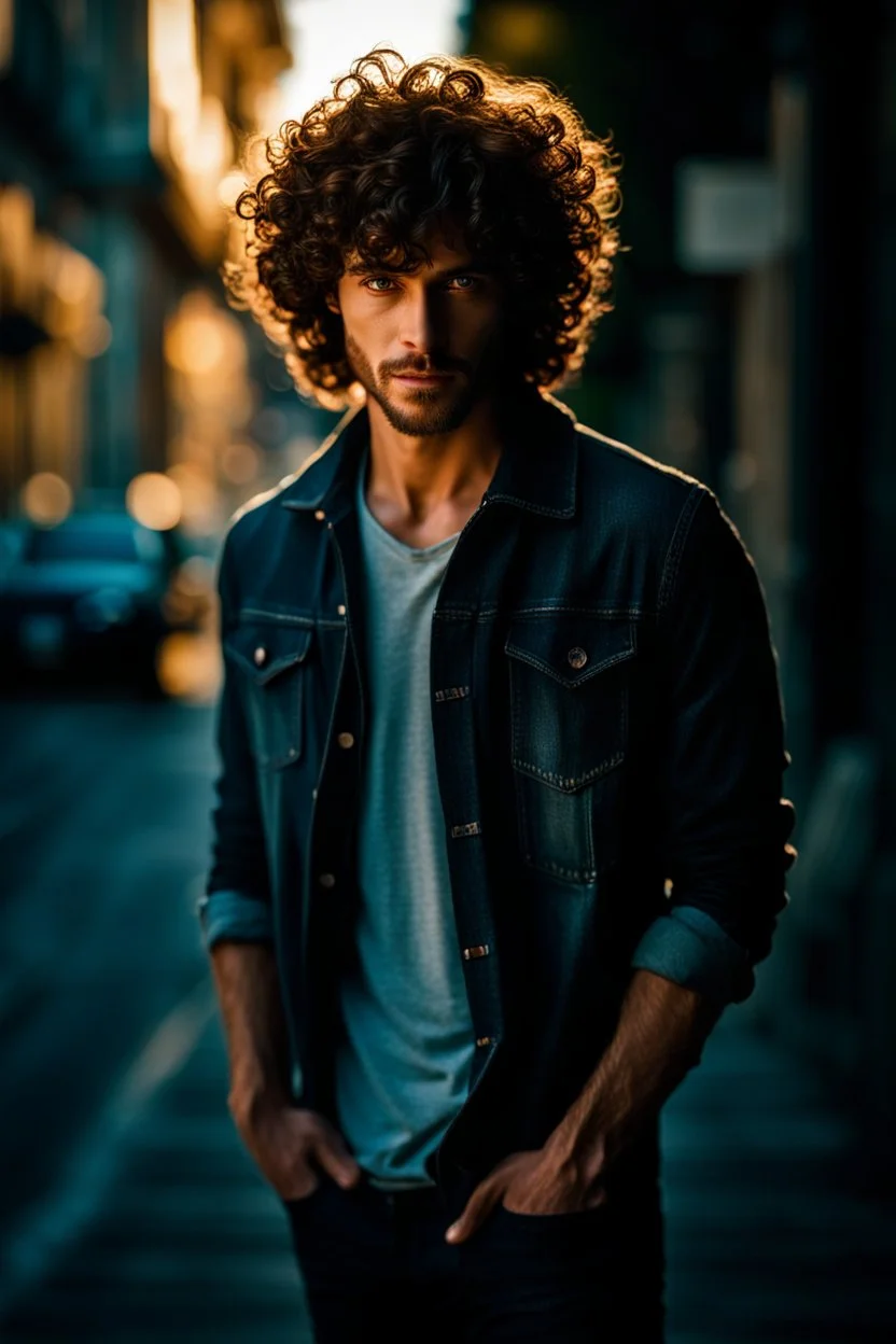 Beautiful man, beautiful face, curly hair, that is standing on a sidewalk, wearing jeans, trending on unsplash, viennese actionism, anamorphic lens flare, dynamic pose, shallow depth of field, dreamlike, nature-inspired, romantic, whimsical, fantasy art,dreamy