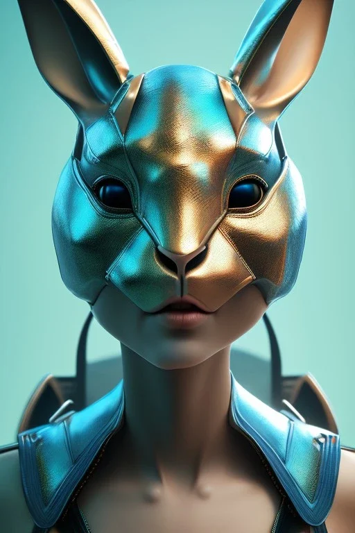 Portrait Sweet Rabbit ceramic mask, leather, cyan suit, photo studio, black background, unreal engine 5, concept art, ray tracing, lumen lighting, ultra detail, volumetric lighting, 3d.