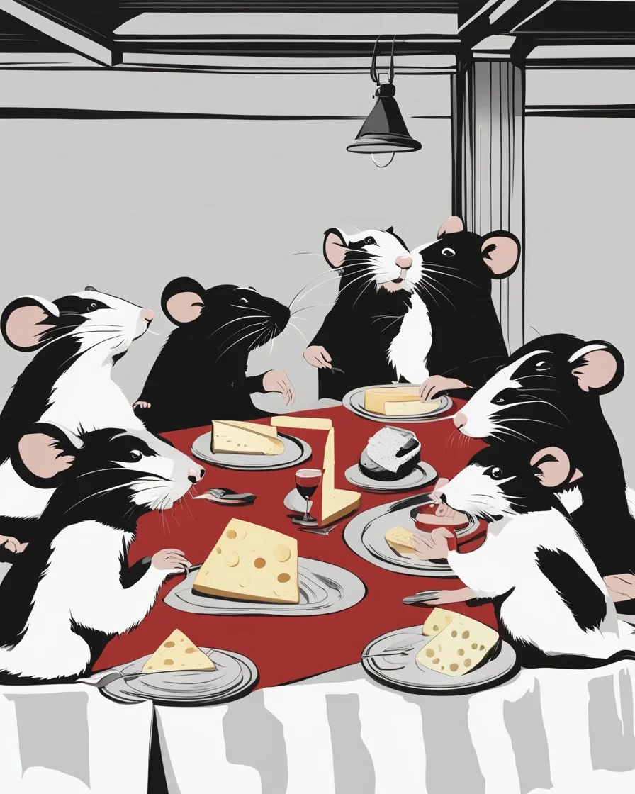 Vector illustration of a (((large rat sitting))) at a banquet table, eating a (((large cheese))), sitting at the same table, (((other rats watching the large rat eat))). White, red and black colors. Banksy style