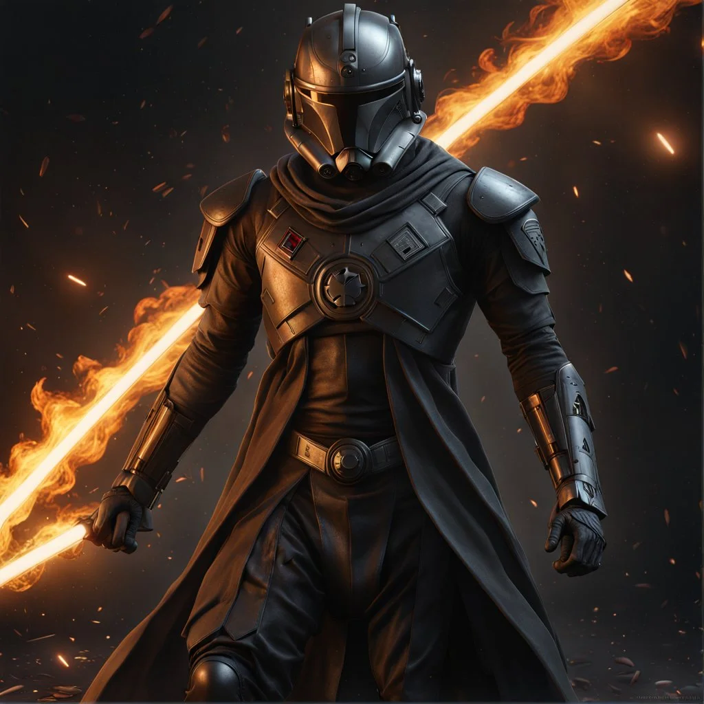 star wars bald male corellian pilot wearing pearlescent black and gunmetal grey First Order special forces heavy assault stealth commando armor and helmet with gold trim inside the jedi temple, hyperdetailed, dynamic lighting, hyperdetailed background, 8k resolution, volumetric lighting, light skin, fully symmetric details