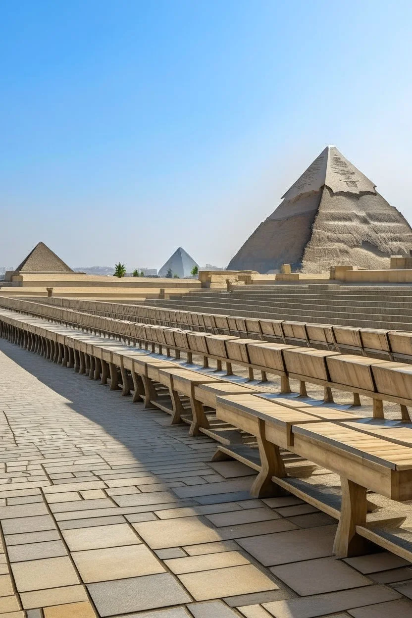 A tourist walkway in Egypt overlooking the pyramids and has modern seating places