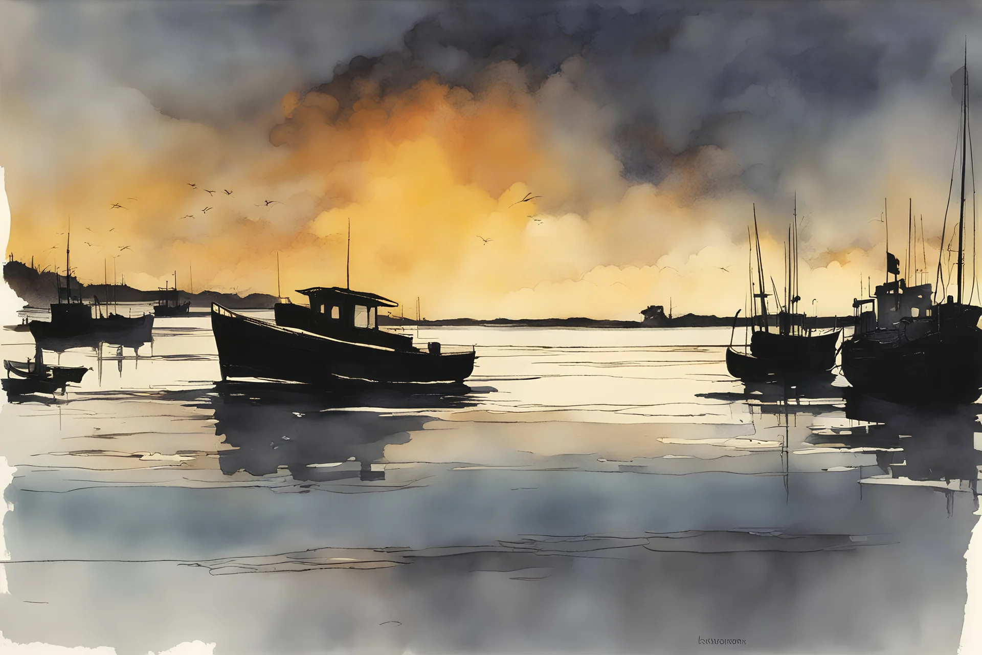 the shore. A soft-focus image of the golden sunset casting a warm glow, create in inkwash and watercolor, in the comic book art style of Mike Mignola, Bill Sienkiewicz and Jean Giraud Moebius, highly detailed