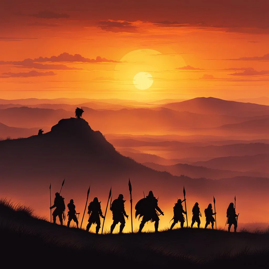 As the sun dipped below the horizon, casting its golden light across the land, a compact group of primal warriors stood silhouetted on the crest of a hill. Their figures were stark against the fiery sky, outlined by the fading glow of the setting sun. the group of primal warriors on the hilltop appeared to be guardians of a forgotten realm, keepers of ancient knowledge and wisdom.