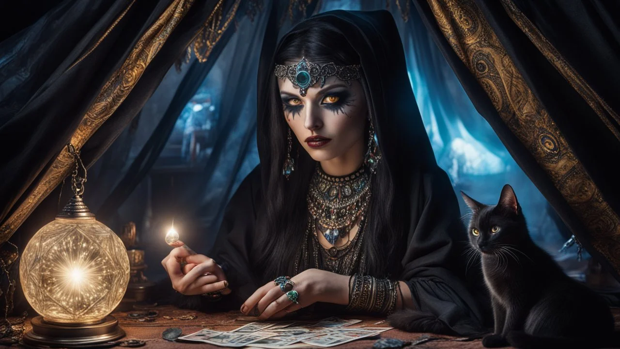 Hyper Realistic photographic-view of Wicked-&-Beautiful-Fortune-teller-with-glowing-ref-eyes wearing black-beed-necklace-&-bracelet angrily Looking at her crystal-ball glowing magically & sitting in her tent with a horrifying-black-cat at dark-night decorated with fancy-traditional-feathers-&-tarot-cards showing dramatic & cinematic ambiance"