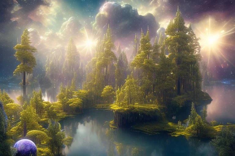 white and gold crystal cosmic and galactic ambiance sky trees river lake surreal, full of details, smooth, bright sunshine，soft light atmosphere, light effect，vaporwave colorful, concept art, smooth, extremely sharp detail, finely tuned detail, ultra high definition, 8 k, unreal engine 5, ultra sharp focus