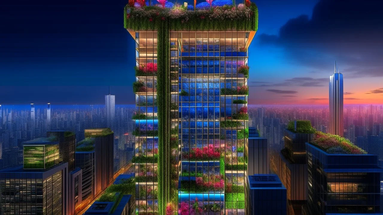 A vibrant floating skyscraper with layered hanging gardens overflowing with colorful blooms, seamlessly connected by glass bridges, during the early evening with the city lights beginning to twinkle below.