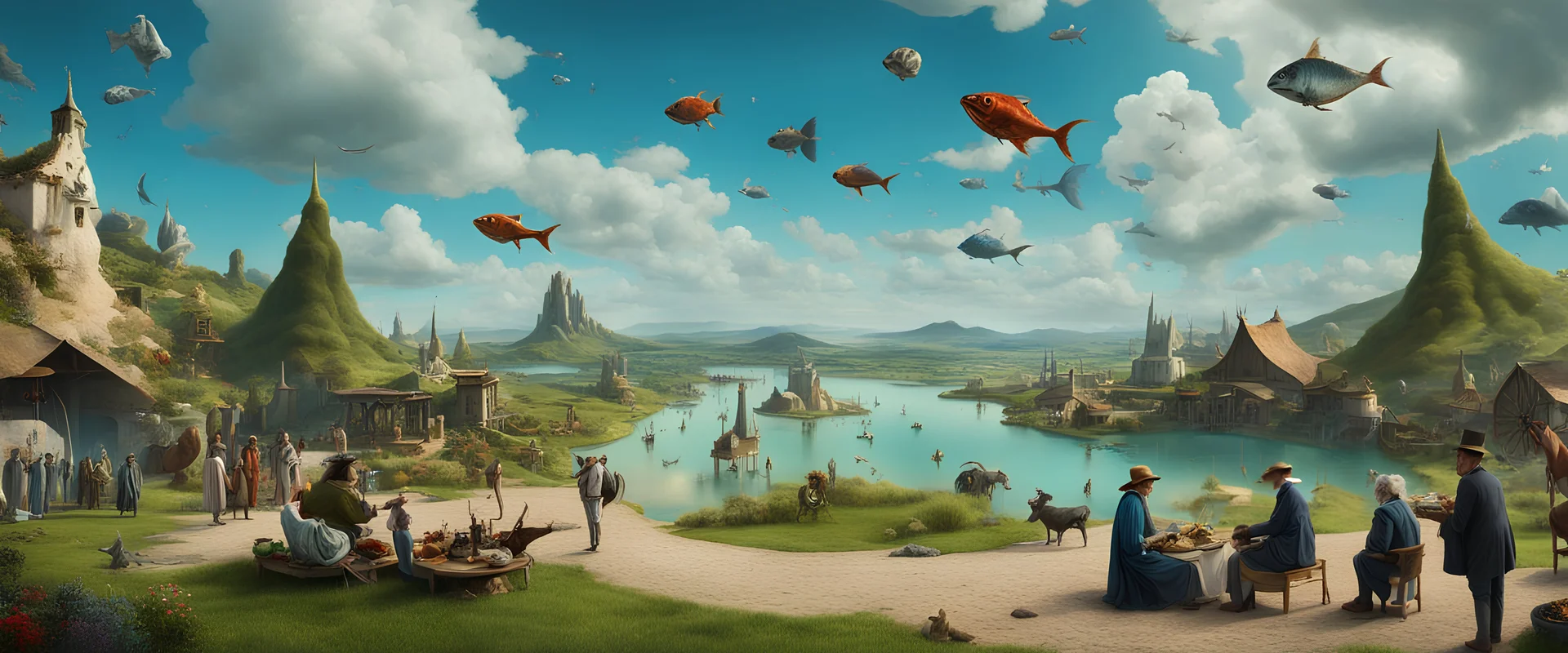 Mr Salvador Dali and Mr Hieronymus Bosch talking to each other at an outdoor surrealist market. A herd of dream-like sky-fish swim high in the far distance, with a beautiful surreal outdoor countryside summer scene with hills, paths, waterfalls, very high detail, photorealistic, epic cinematic, 8K, Large depth of field