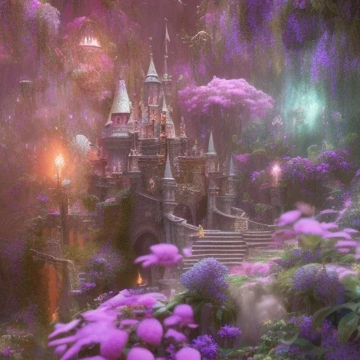 8K realistic dreamscape with magical castle, Cascades of bright flowers, majestic, intricate, masterpiece, insanely detailed, cinematic smooth, intricate details , soft smooth lighting, vivid pastel colors, iridescent accents