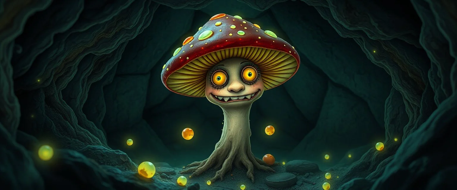 Talking mushroom with expressive face, glowing spores, underground cavern, bioluminescent lighting, whimsical fantasy realism, charming but unsettling