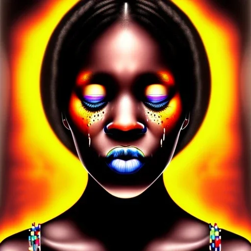 Portrait of a young black woman crying. Tears the colour of oil. Depression seeping out of her eyes nose and mouth like a oil spill