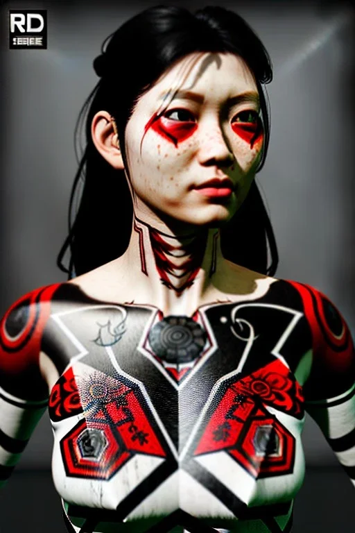 Studio photo portrait, Asian woman samurai, yakuza body tattoos, symmetry photography, cyberpunk, army dress, japanese traditional ornaments, red, white, black, led wires, glow eyes, cinematic, Ultra realistic, wide angle view, soft color, highly detailed, unreal engine 5, RTX, ultra detail, 3d, finely drawn, high definition.