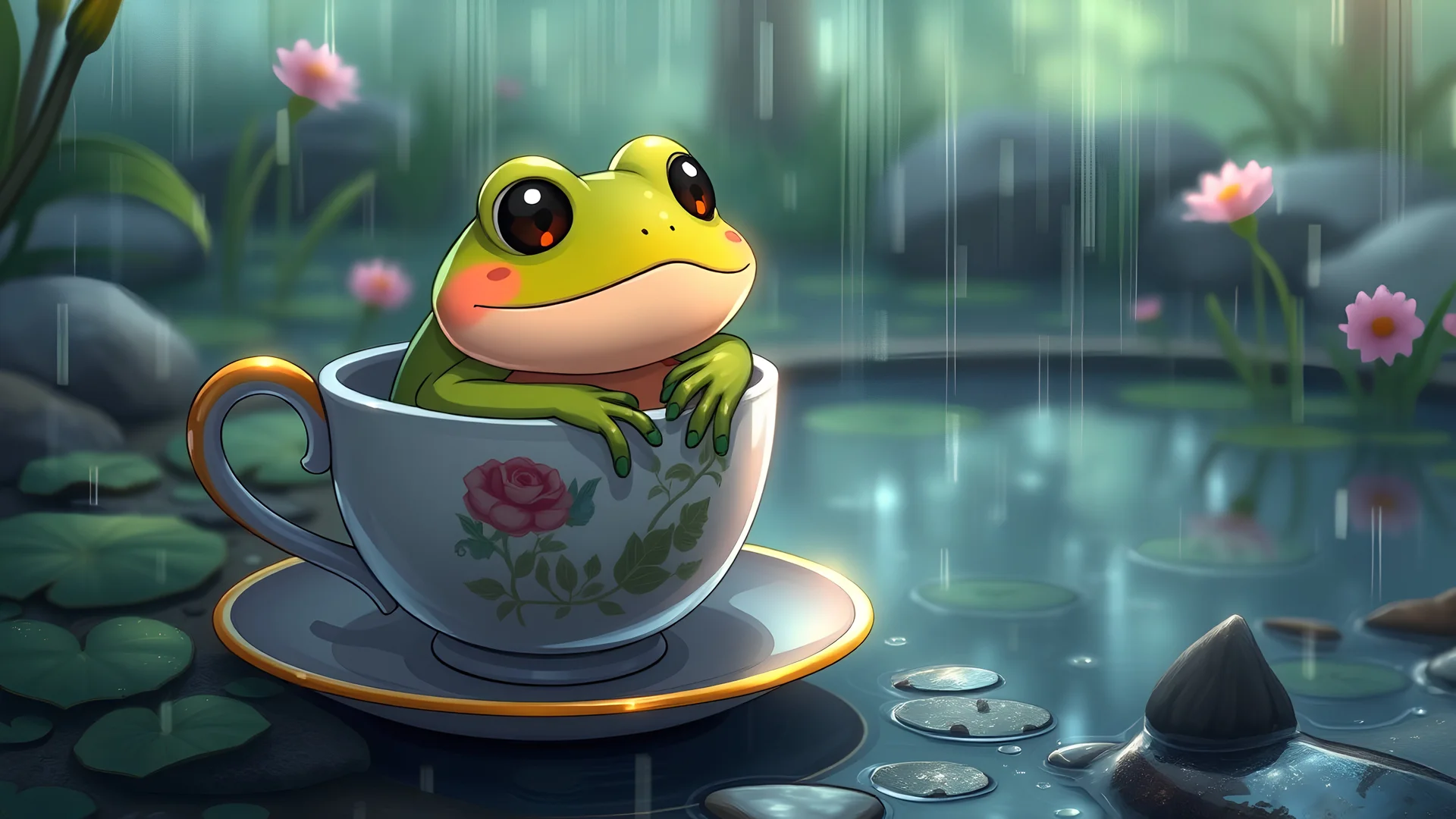 an anime frog sitting in a teacup next to a pond on a rainy day