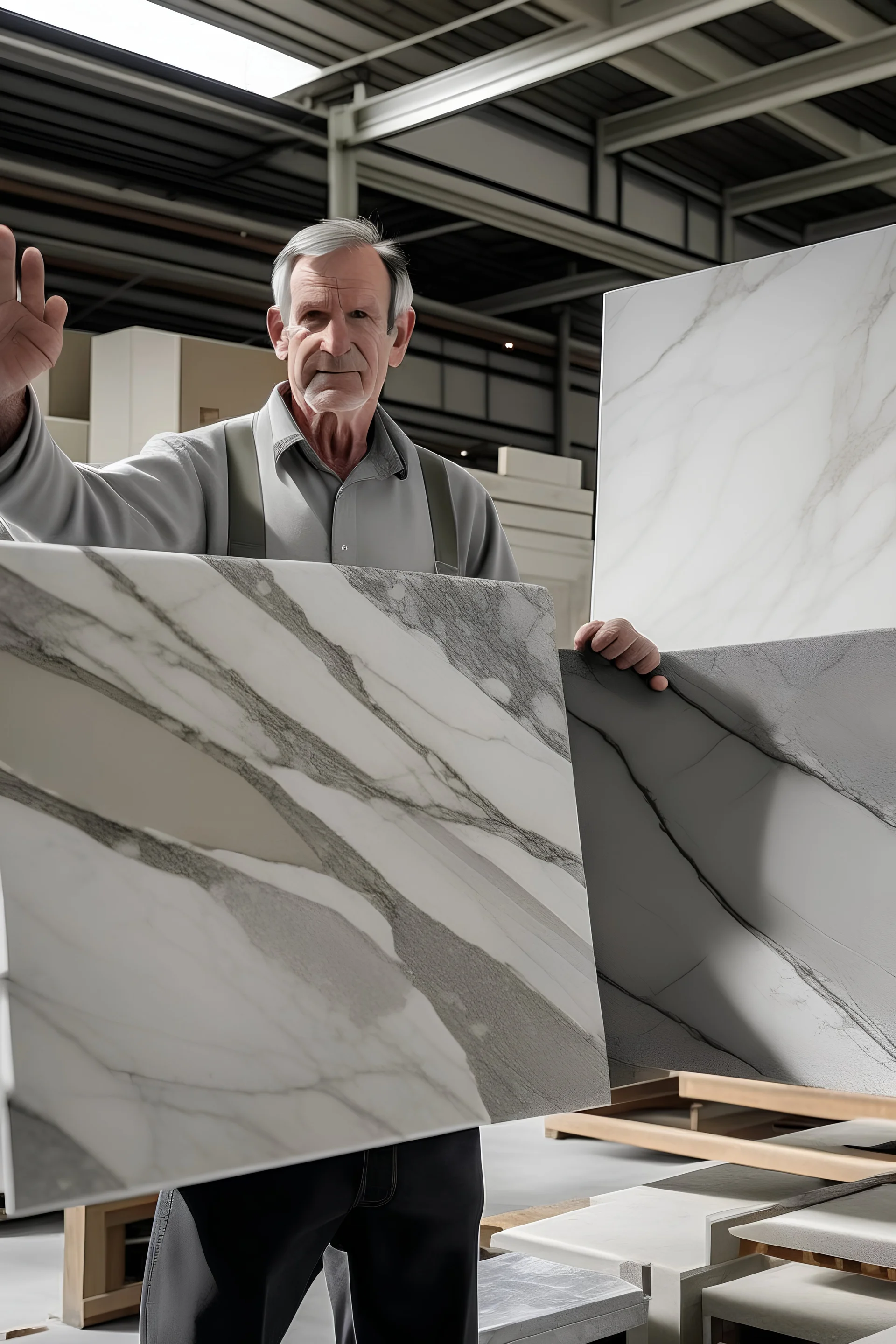 Man holding special marble and granite slabs