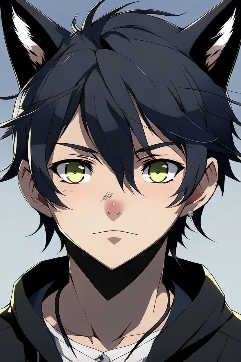 A male anime man with messy black hair, black cat ears.