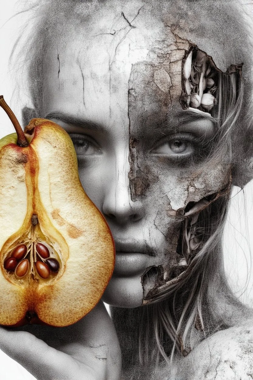 Grunge, woman as a decaying dried out Pear intricately showing its internal structure and seeds, cyberpunk, ultra unique natural textures, slight imperfections, vray.