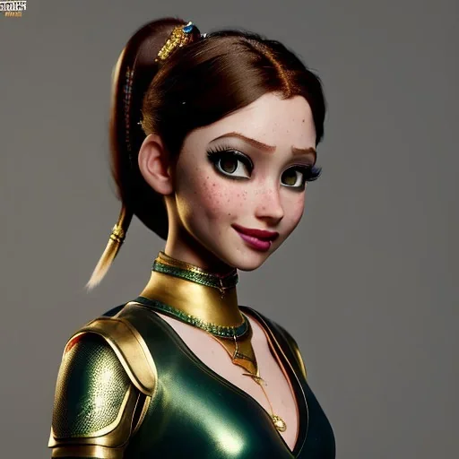 Alladin cartoon style, hyper detailed, strikingly beautiful young female, 8 years old, long ponytail, ginger hair, green eyes, medium freckles, full lips, micro top, black leather armour, full body, full face, tiny breasts, full frame, athletic, centered camera, ignore NSFW