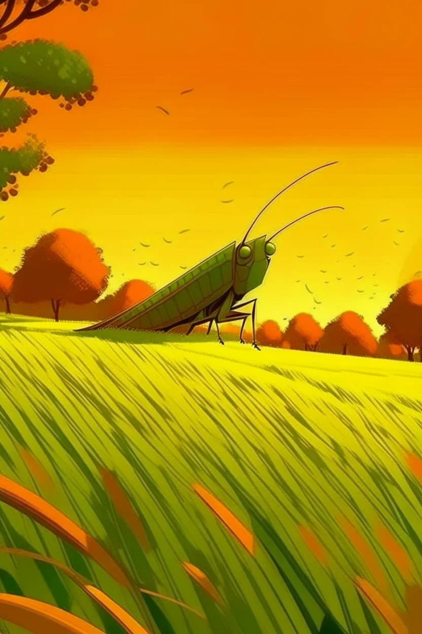 Grasshopper，Rice field，Trees，Warm color palette，Animation，Fried grasshopper