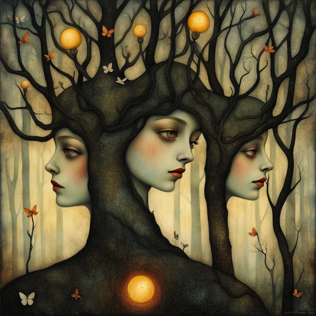 The faces you see in a spring forest... Modifiers: ethereal acrylic art abstract surreal Arthur Rackham Art Nouveau celestial Didier Lourenço Catrin Welz-Stein warm light fractured debeh