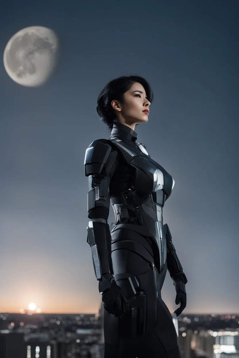 Photo Of A slim Woman With Black Hair, Wearing An android-looking suit, standing sideways On A Ledge of a building, With A waning moon Behind Her Head