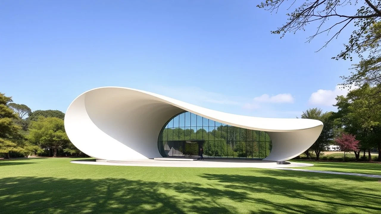 A large, elliptical-shaped pavilion set in the middle of a tranquil park. The building's sleek, continuous curve hugs the earth, with an elliptical glass roof that reflects the sky and surrounding nature. The smooth lines of the structure create a calming flow, and its minimalistic design emphasizes organic shapes inspired by natural curves. Award-winning photograph.