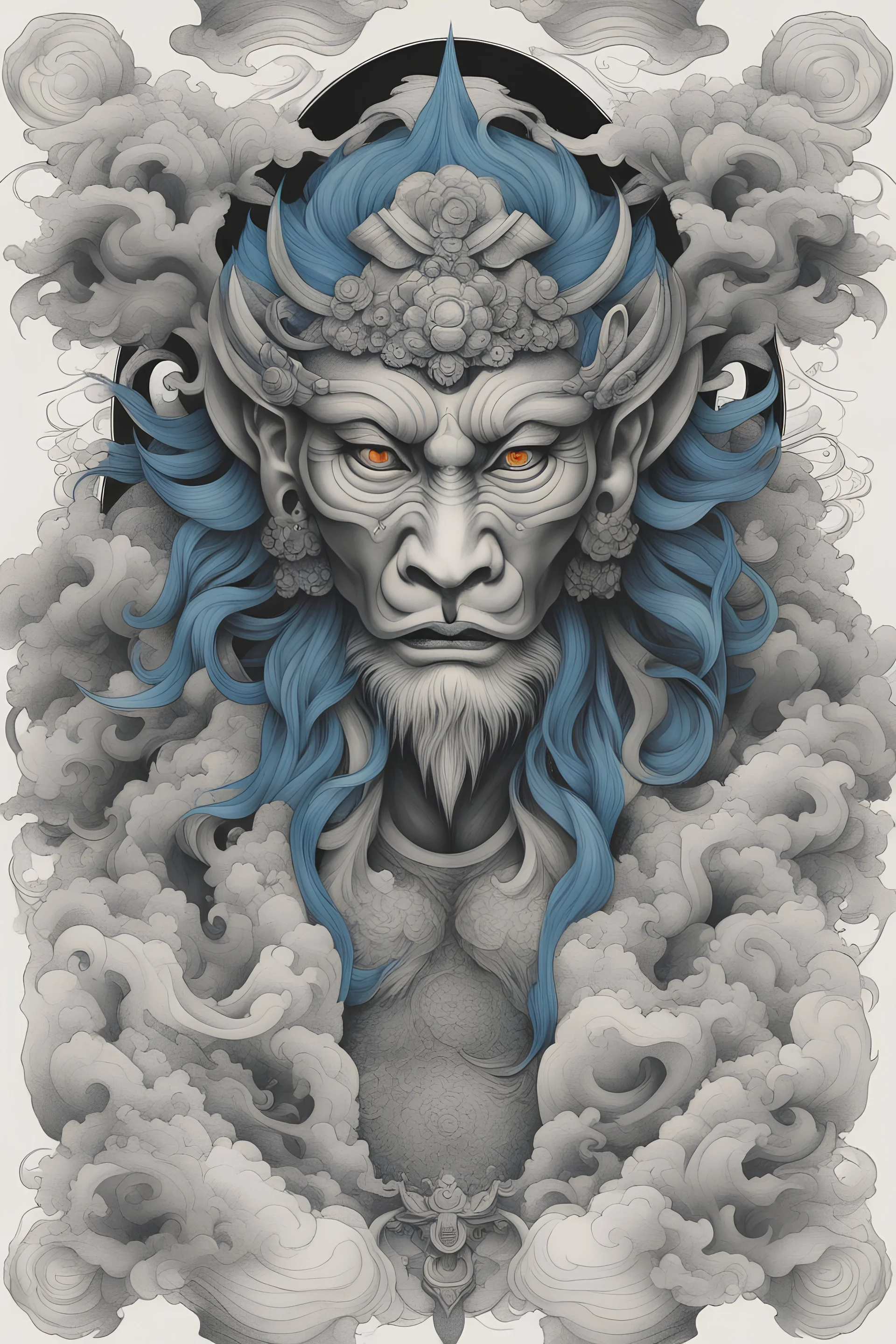 Create a captivating modern 2d black and blue ink tattoo design for print , prestigious Divine Monkey King using the elegant influences of japan art style, for print, dynamic elements from fashion and design, and bold Japanese contemporary art aesthetics, framing centered in the center, distanced from the edges of the paper perimeter, perfect anatomy, bauhaus, Divine Proportion,