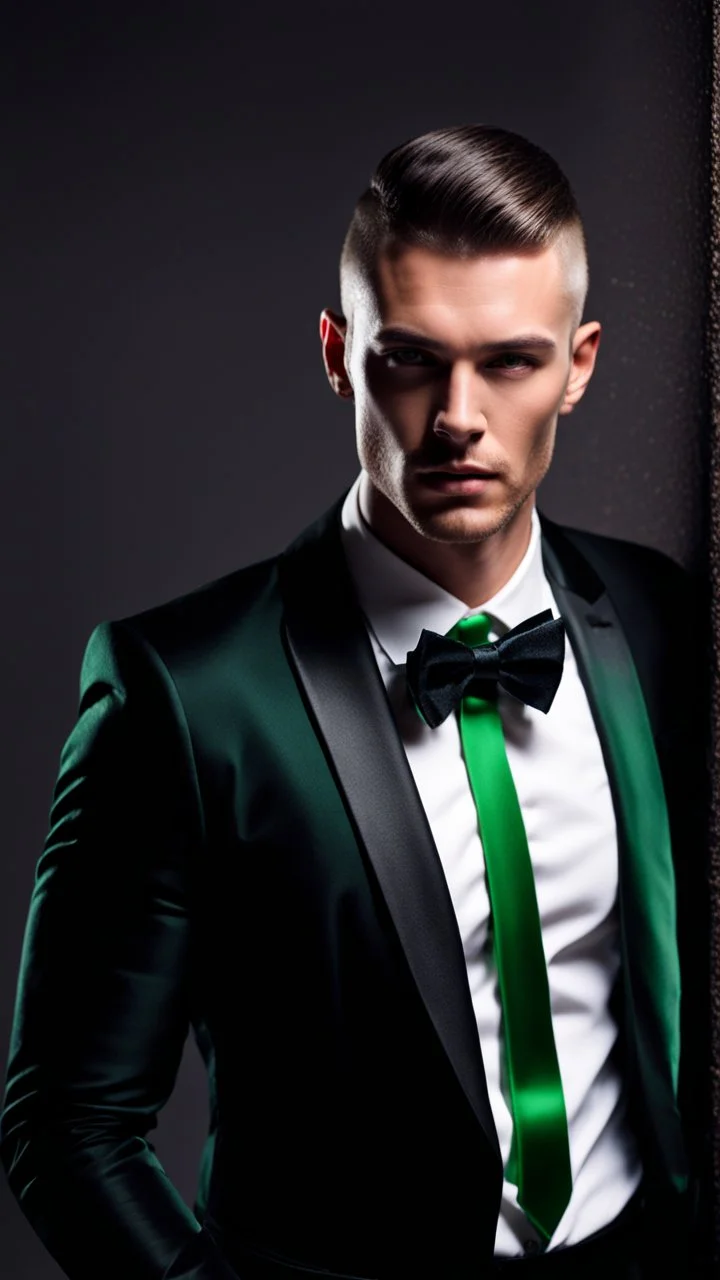 Handsome male model aged 30. buzzcut hair, wearing a black tuxedo with a green bow tie. Hyperrealistic 4k dark fantasy