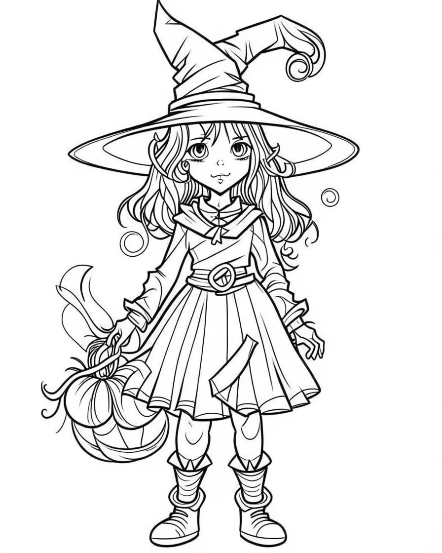 outline art for halloween coloring pages for kids with witch , white background, Sketch style, full body, only use outline, clean line art, white background, no shadows and clear and well outlined, coloring page for kids,