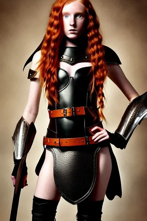 surreal, concept illustration, super-detailed, beautiful teen female who is 16 years old with long ginger hair and freckles with full lips,, full body, full face, athletic, centred camera, ignore NSFW, skimpy brown fantasy leather armor, halter top, thong, knee-high leather boots, open leather skirt, stern expression, cute pose