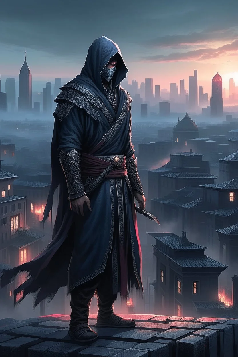 Assassin wearing robe city scape