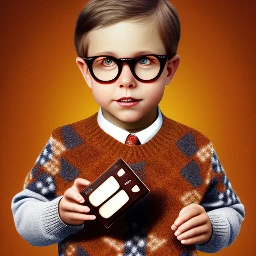 Peter Billingsley chubby kid Tortoise-shell glasses, Holding a ((Dark red soap)) in his hand, brown argyle sweater