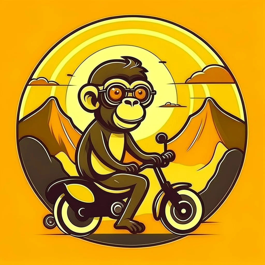 Monkey riding a scooter with sunglasses and a big smile, have a mountain sunset on the background, make a round logo, make the color brown