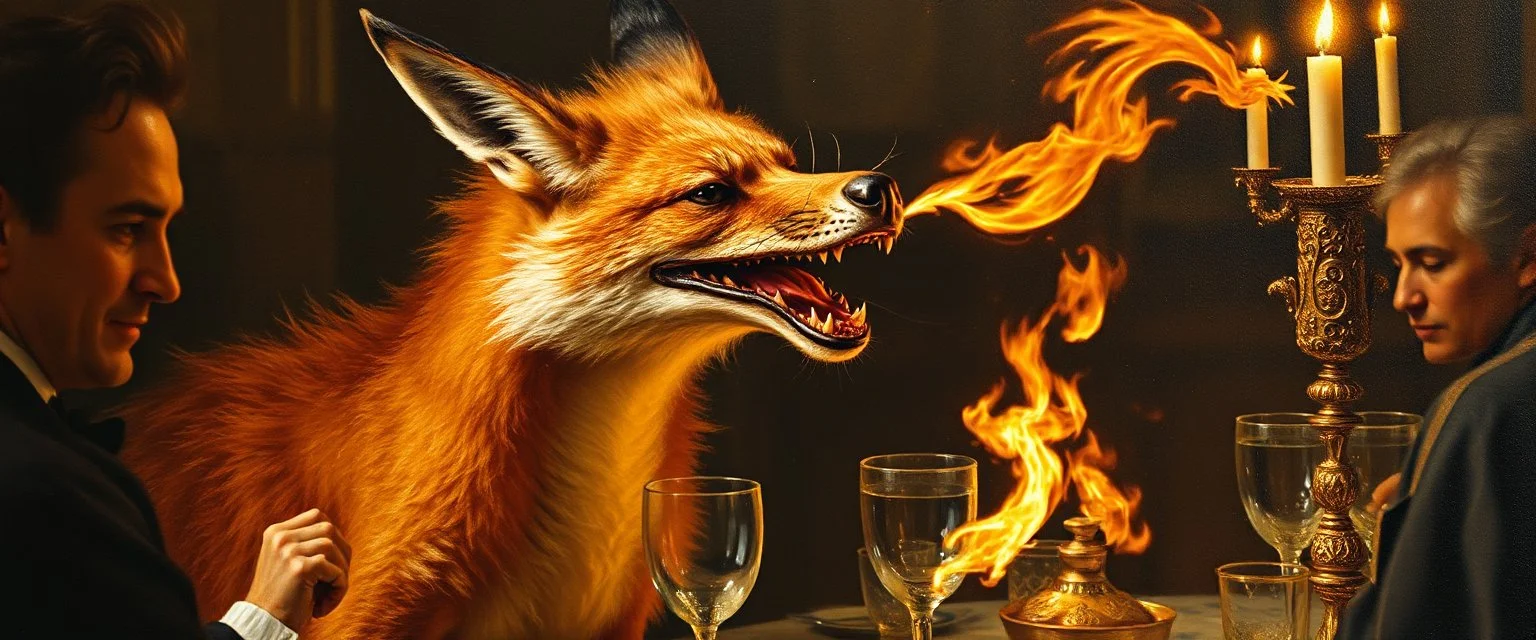 close up portrait painted by Rembrandt, stupid looking fire breathing dragon fox at banquet