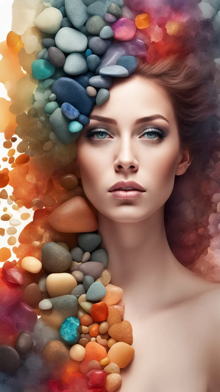 a half body portrait of a woman as made of stones of different colors, half body submerged in stones, hair made with stones, natural body posture, Art by Alberto Seveso, symmetrical, abstract artstyle, intricate complex watercolor painting, sharp eyes, digital painting, color explosion, concept art, volumetric lighting,TanvirTamim, metallic reflections, 2d render, by artgem, trending on artstation, UHD, HDR raw photo, realistic, sharp focus, 8K high definition, insanely detailed, intricate