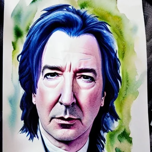 high-quality, fine-detail close-up watercolor of Alan Rickman as Severus Snape, portrait, young, stunning, beautiful, 8k resolution, intricate, digital art, hyper realistic, photorealistic, volumetric lighting, Rafael Augusto, Juan Francisco Casas, Anne Dittman, Anne Stokes, greg rutowski,