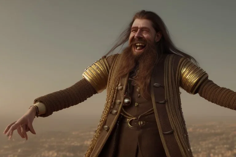 Laughing braided long haired bearded tall man wearing gold rings and rugged long merchant's coat, medieval fantasy