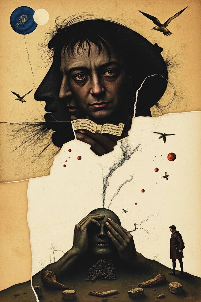 subconscious predictive demoralization, surreal, metaphoric, minimal, fragmented illustrated collage, 3 stages of grief, by Dave McKean and Salvador Dali