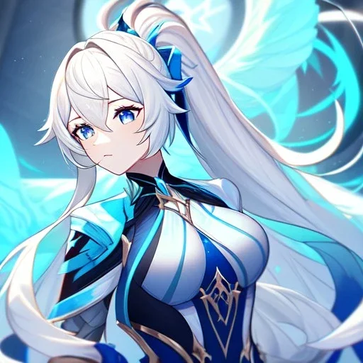 Clear focus, 8k, beautiful lighting, vibrant colors, girl, white long hair, vibrant blue eyes, messy hair, ponytail, honkai impact, herrscher of flamescion outfit,