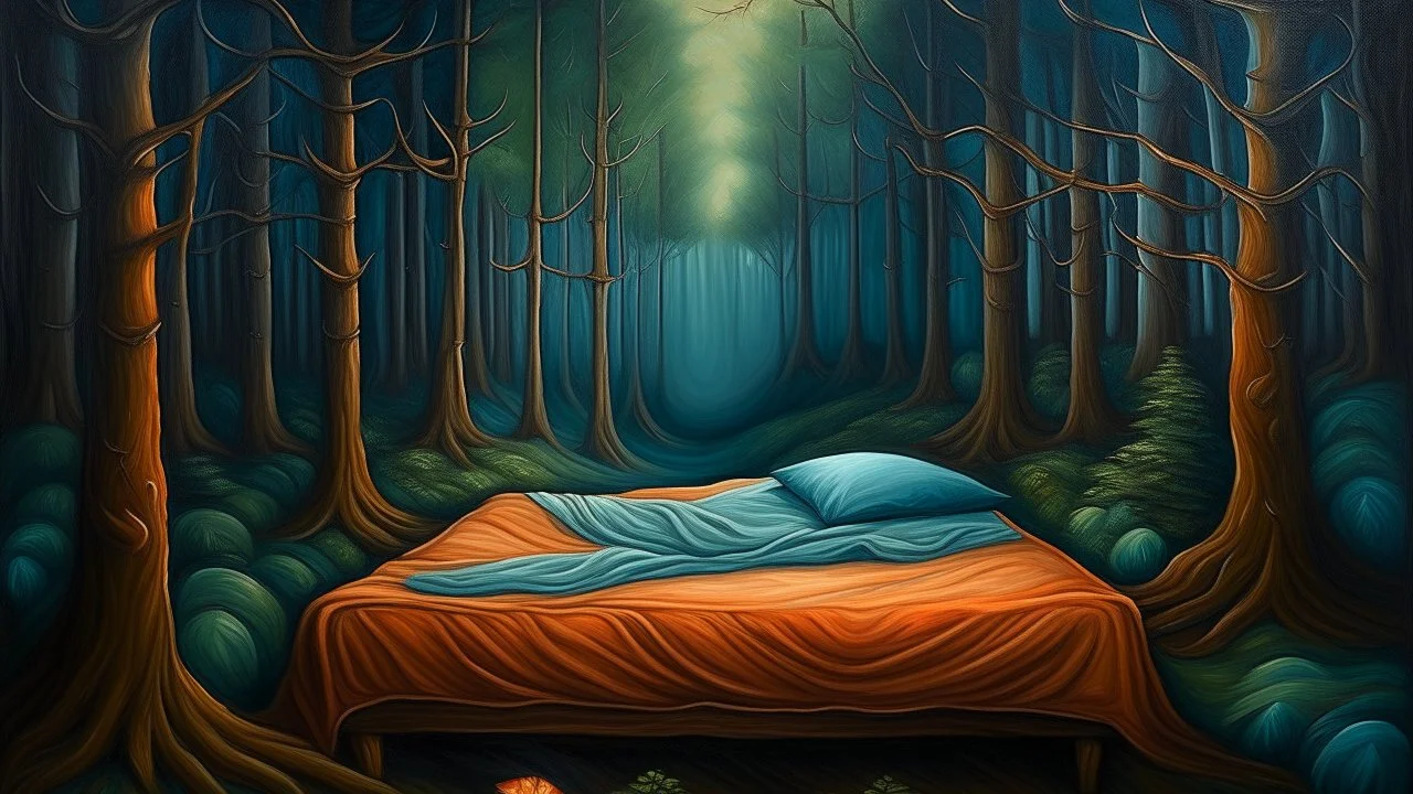 Surreal painting, dream, sleep, bed, wood, tree, forest, mystery