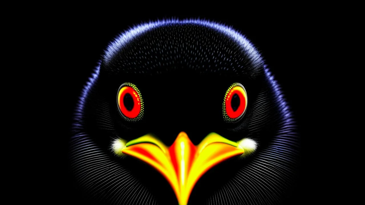 angry penguin | black background | red eyes | yellow beak | sharp lines