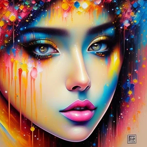 iv_a painting of a young woman, figurative art, an acrylic detailed painting, , brush strokes, paint drips and drabs and splatters by Harumi Hironaka, turquoise pink and yellow, james terrell art, trending on artstation, soft lines,intricate art by bastien lecouffe deharme and greg rutkowski