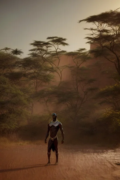 A photo taken from an african village "black panther", <character or scene>, kente, cinematic lighting --v 4 --q 2