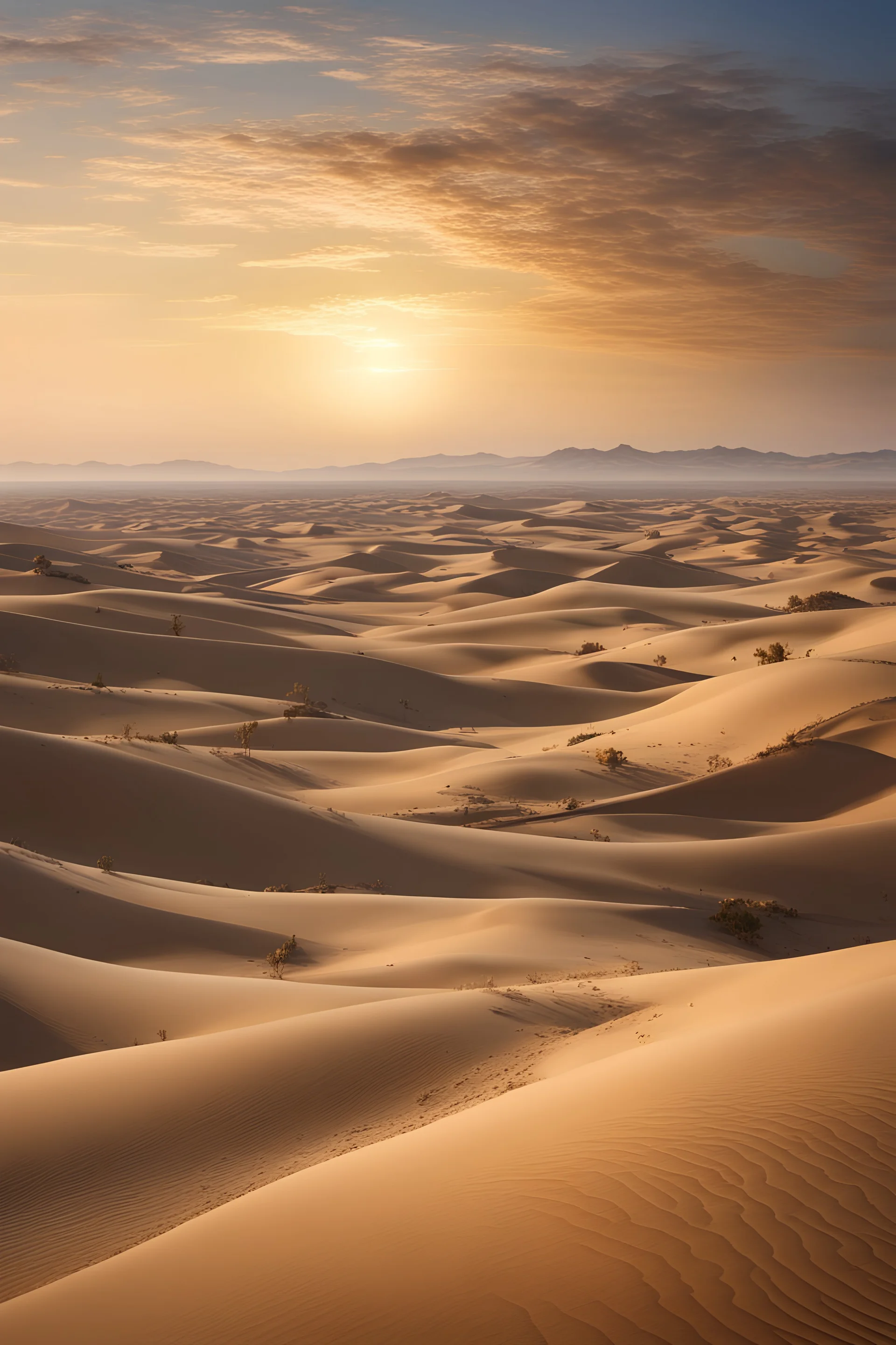 This is a magnificent desert landscape, showing the“Desert smoke straight, the Long River Sunset Yen,” the wonderful scene. The foreground of the background image is an endless expanse of golden desert, with rolling dunes stretching to the horizon. The sky was as blue as a jewel, with only a few wisps of white clouds drifting past. In the middle of the desert, a single puff of smoke rises straight up. The form of smoke slender and straight, as if to tell the sky what. Its color is gray and white