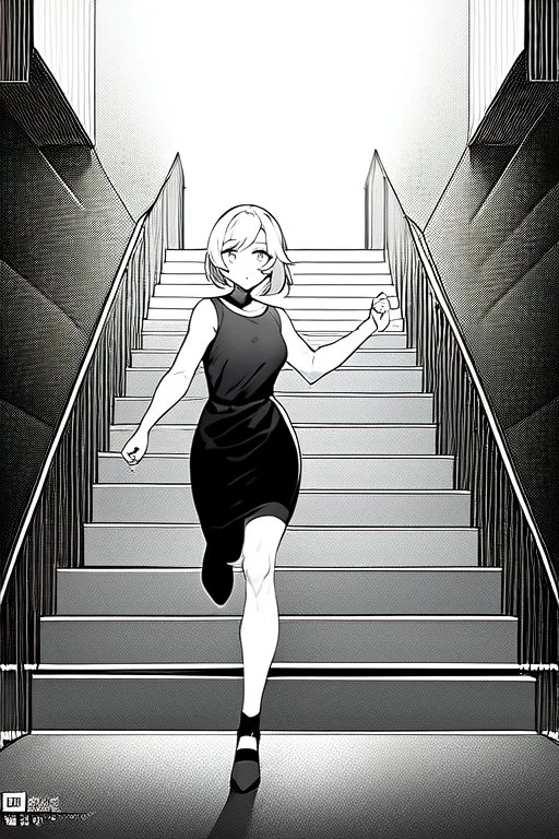 girl runs on the stairs, greyscale