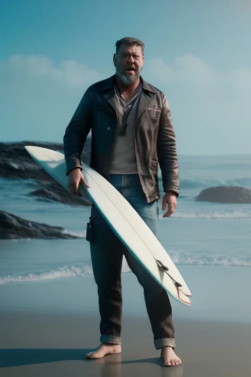 russel crowe with a surfboard, brett leonard, jeffrey wright, unreal 5, octane render, cinema4d, dynamic lighting, dramatic lighting, 4k, redshift render, highly detailed, hyper realistic