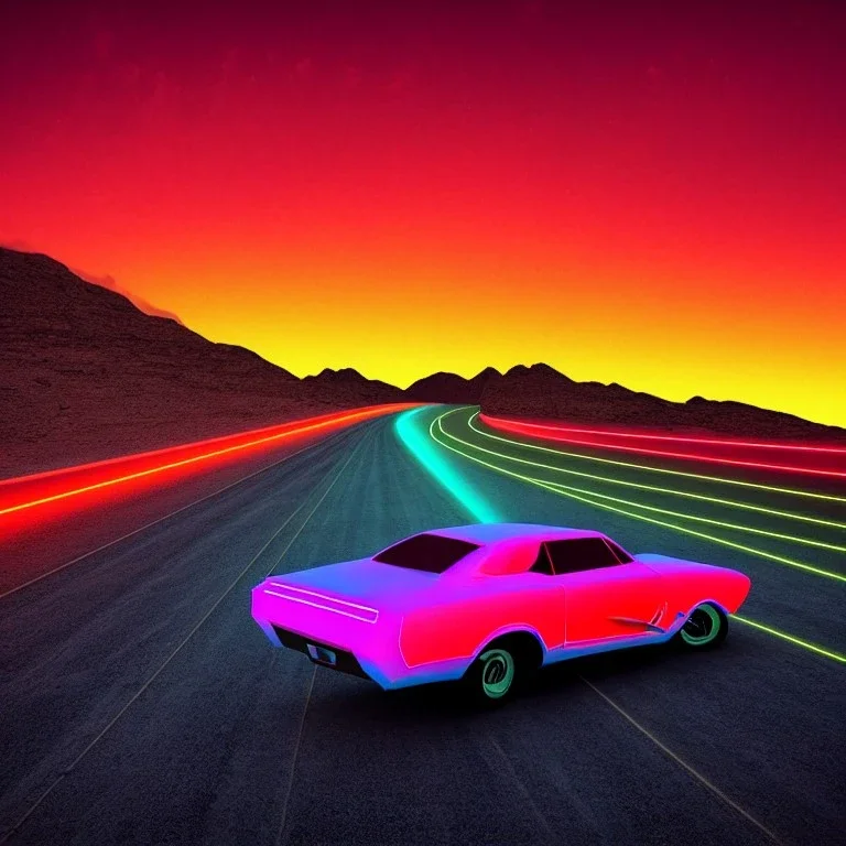 art deco, cyberpunk, neon muscle cars race, desert road, sunset, full colour, hd,