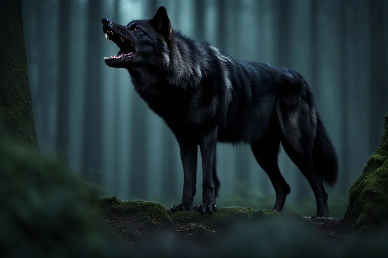 Full body shot of a Large black wolf growling lip curled, facing the camera, Photorealistic, 4k, dark fantasy