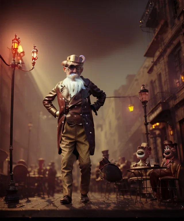 steampunk cabaret scene. old man. little monkey, Sunglasses, rain, smoking, happy, hot. Many people background, highly detailed, concept art, unreal engine 5, god rays, ray tracing, RTX, lumen lighting, ultra detail, volumetric lighting, 3d, finely drawn, high definition, high resolution.